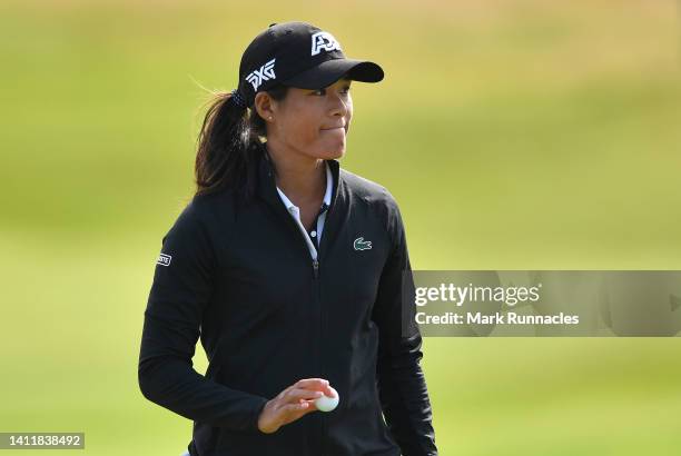 Celine Boutier of France waves at the 18th green as she finishes her round during round three of the Trust Golf Women's Scottish Open at Dundonald...