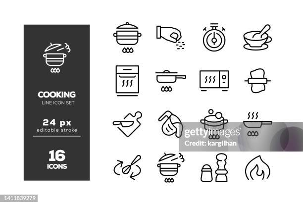 cooking editable stroke icon set - busy commercial kitchen blur stock illustrations
