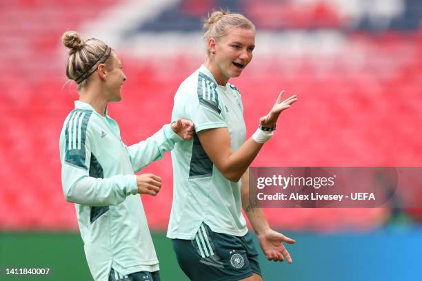 Alexandra Popp of Germany reacts during the UEFA Women's Euro England Germany training session at Wembley Stadium on July 30, 2022 in London, England.