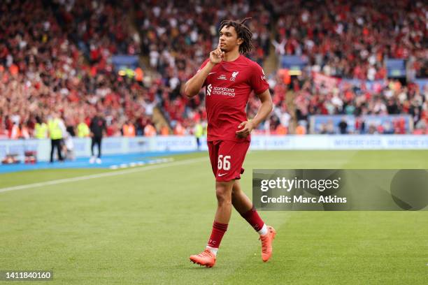 Trent Alexander-Arnold of Liverpool celebrates after scoring the first goal of his team during The FA Community Shield between Manchester City and...