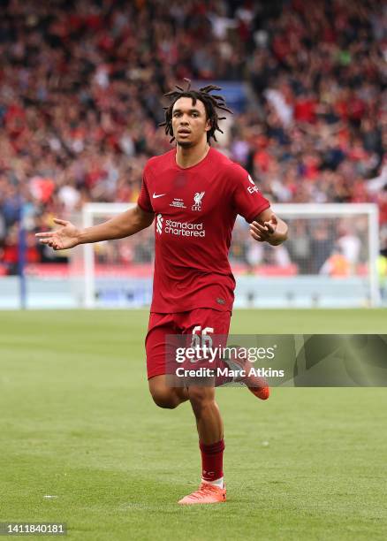 Trent Alexander-Arnold of Liverpool celebrates after scoring the first goal of his team during The FA Community Shield between Manchester City and...