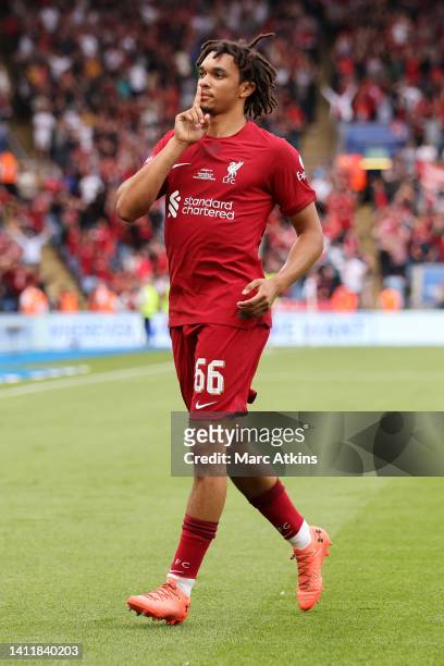 Trent Alexander-Arnold of Liverpool celebrates after scoring the first goal of his team during The FA Community Shield between Manchester City and...