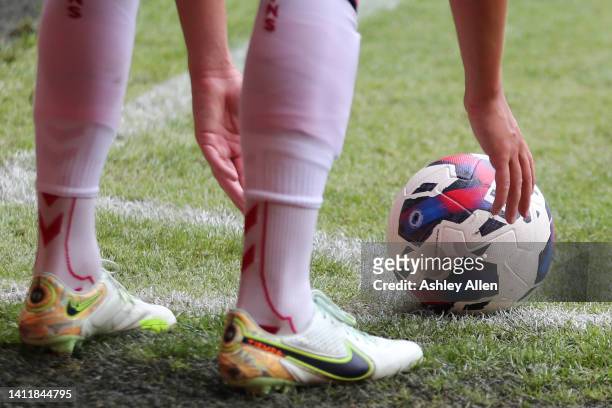 General view of the match ball during the Sky Bet Championship match between Hull City and Bristol City at MKM Stadium on July 30, 2022 in Hull,...