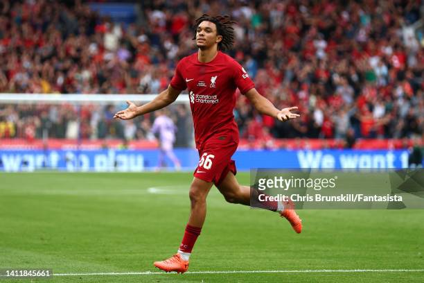 Trent Alexander-Arnold of Liverpool celebrates scoring the opening goal during the FA Community Shield at The King Power Stadium on July 30, 2022 in...