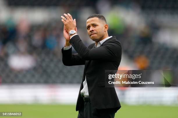 Derby County interim manager Liam Rosenior looks on during the Sky Bet League One game between Derby County and Oxford United at Pride Park Stadium...