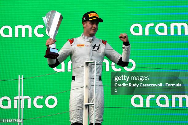 Second placed Juri Vips of Estonia and Hitech Grand Prix celebrates on the podium during the Round 10:Budapest Sprint race of the Formula 2...