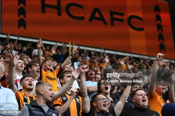 Fans of Hull City chant during the Sky Bet Championship match between Hull City and Bristol City at MKM Stadium on July 30, 2022 in Hull, England.