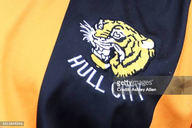 Hull City badge as seen on a retro Hull City jersey during the Sky Bet Championship match between Hull City and Bristol City at MKM Stadium on July...