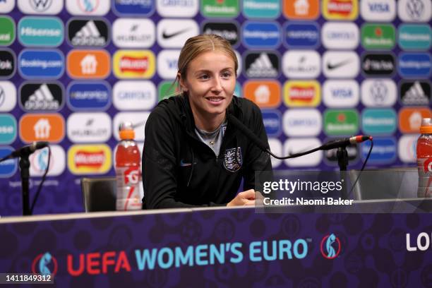 Leah Williamson of England talks to the media during the UEFA Women's Euro England press conference at Wembley Stadium on July 30, 2022 in London,...