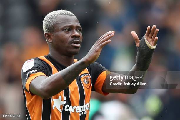 Jean Michaël Seri of Hull City reacts during the Sky Bet Championship match between Hull City and Bristol City at MKM Stadium on July 30, 2022 in...