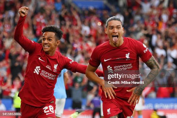 Darwin Nunez of Liverpool celebrates scoring their side's third goal with teammate Fabio Carvalho during The FA Community Shield between Manchester...