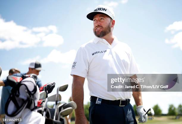 Graeme McDowell of Cleeks GC looks on from the driving range during day two of the LIV Golf Invitational - Bedminster at Trump National Golf Club...