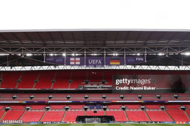 General view inside the stadium as players of England inspect the pitch at Wembley Stadium on July 30, 2022 in London, England.