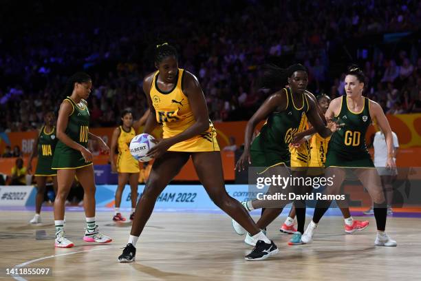 Jhaniele Karyl Fowler of Team Jamaica takes the ball during the Netball Pool A match between Team Jamaica and Team South Africa on day two of the...