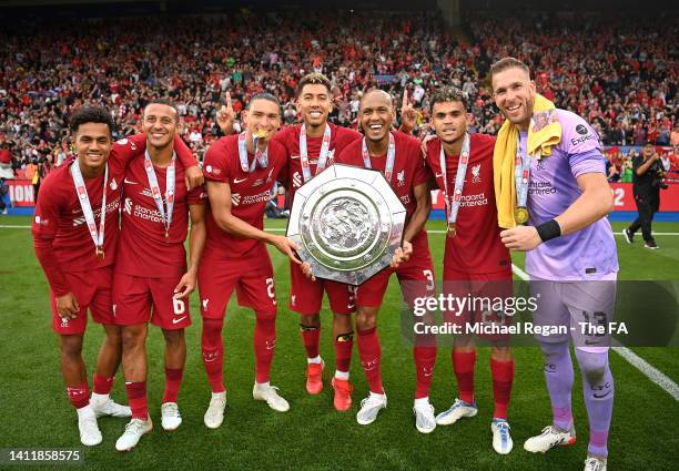 Fabio Carvalho, Thiago Alcantara, Darwin Nunez, Roberto Firmino, Fabinho, Luis Diaz and Adrian of Liverpool poses for a photograph with The FA...