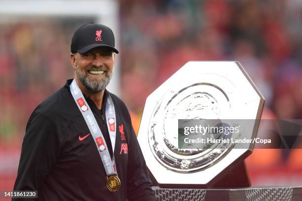 Jurgen Klopp, Manager of Liverpool celebrates following his team's victory in the FA Community Shield between Manchester City and Liverpool at The...