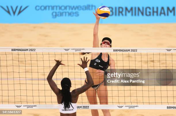 Shaunna Polley of Team New Zealand spiked during the women's preliminary pool A match against Kenya on day two of the Birmingham 2022 Commonwealth...