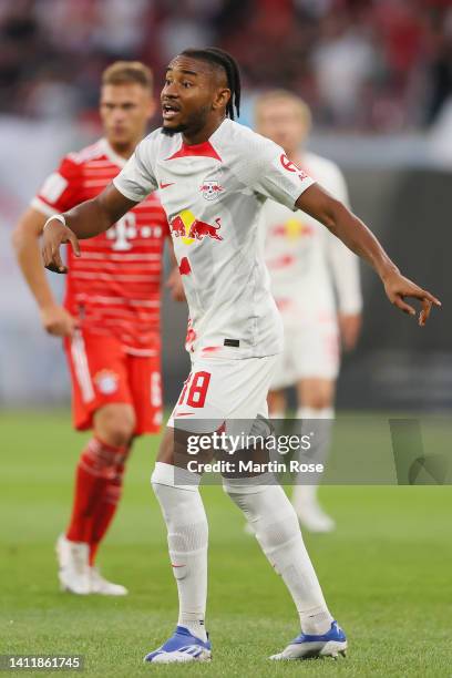 Christopher Nkunku of RB Leipzig reacts during the Supercup 2022 match between RB Leipzig and FC Bayern München at Red Bull Arena on July 30, 2022 in...