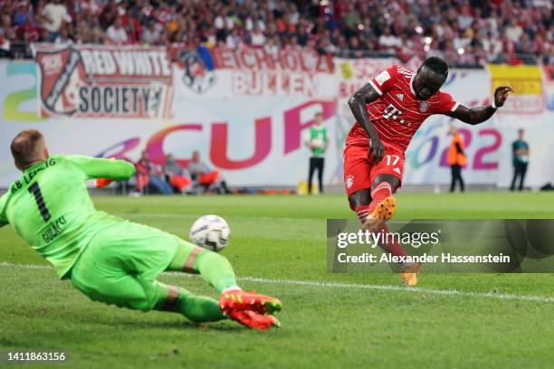 Sadio Mane of Bayern Munich scores their side's second goal during the Supercup 2022 match between RB Leipzig and FC Bayern München at Red Bull Arena...