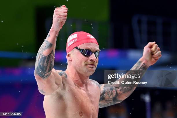 Adam Peaty of Team England reacts after competing in the Men's 100m Breaststroke Semi-Final on day two of the Birmingham 2022 Commonwealth Games at...