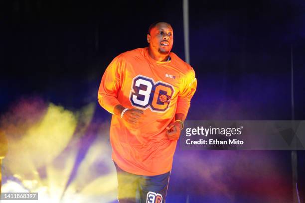 Mario Chalmers of 3's Company takes the court prior to a game against the Killer 3's during BIG3 Week Seven at Comerica Center on July 30, 2022 in...