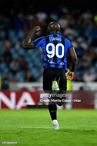 Romelu Lukaku of FC Internazionale celebrates with teammates after scoring his team's first goal during the Pre-season Friendly match between FC...