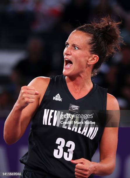 Jillian Harmon of Team New Zealand celebrates during the women's 3x3 Basketball Preliminary Round Pool B match between Team Canada and Team New...