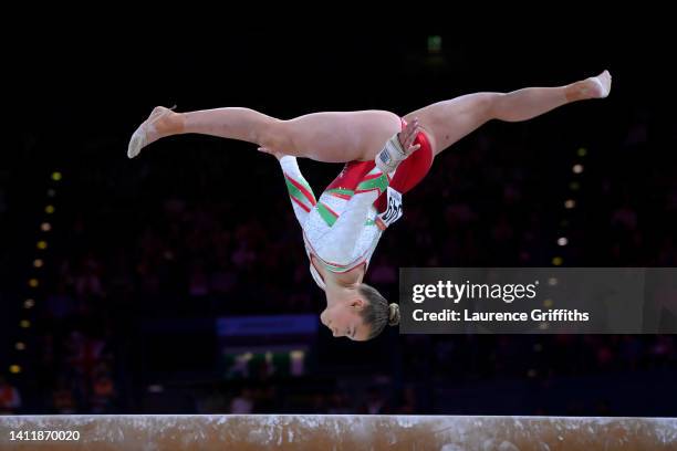 Poppy-Grace Stickler of Team Wales competes on balance beam during Women's Team Final and Individual Qualification on day two of the Birmingham 2022...