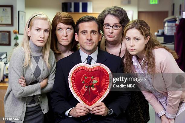 Valentine's Day" Episode 16 -- Aired -- Pictured: Angela Kinsey as Angela Martin, Kate Flannery as Meredith Palmer, Steve Carell as Michael Scott,...