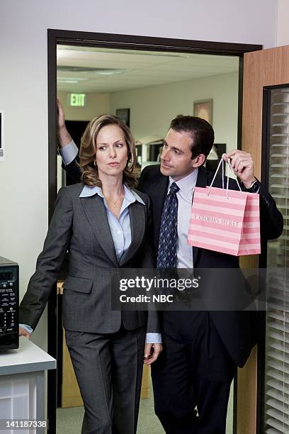 Valentine's Day" Episode 16 -- Aired -- Pictured: Melora Hardin as Jan Levinson and Steve Carell as Michael Scott -- Photo by: Paul Drinkwater/NBCU...