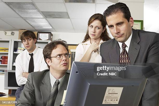 Pilot -- Pictured: John Krasinski as Jim Halpert, Rainn Wilson as Dwight Schrute, Jenna Fischer as Pam Beesly, and Steve Carell as Michael Scott--...