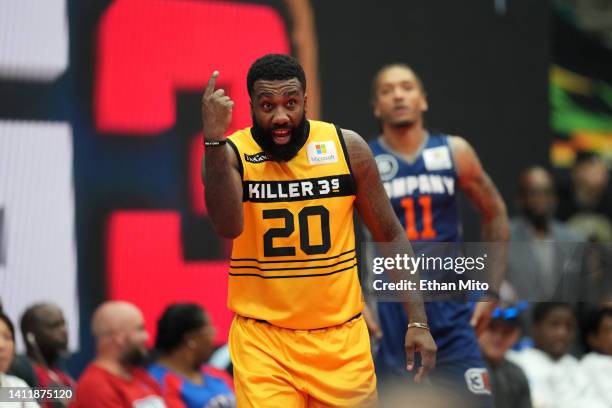 Donte Green of the Killer 3's reacts during a game against 3's Company during BIG3 Week Seven at Comerica Center on July 30, 2022 in Frisco, Texas.