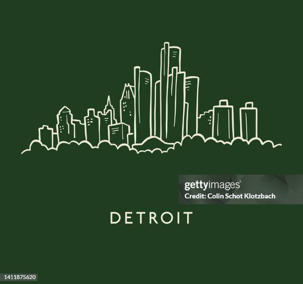 detroit skyline skizze - detroit michigan stock-grafiken, -clipart, -cartoons und -symbole