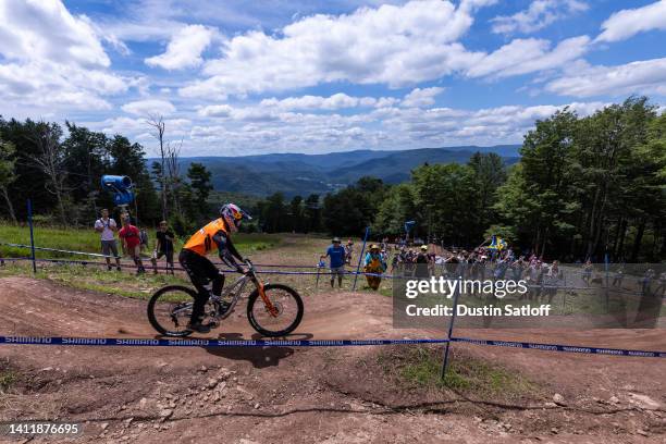 Aaron Gwin of the United States competes during the men's downhill final at the UCI Mountain Bike World Cup on July 29, 2022 in Snowshoe, West...