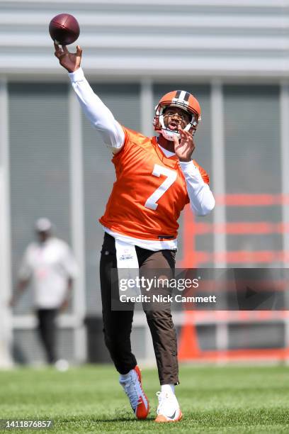 Jacoby Brissett of the Cleveland Browns throws a pass during Cleveland Browns training camp at CrossCountry Mortgage Campus on July 30, 2022 in...