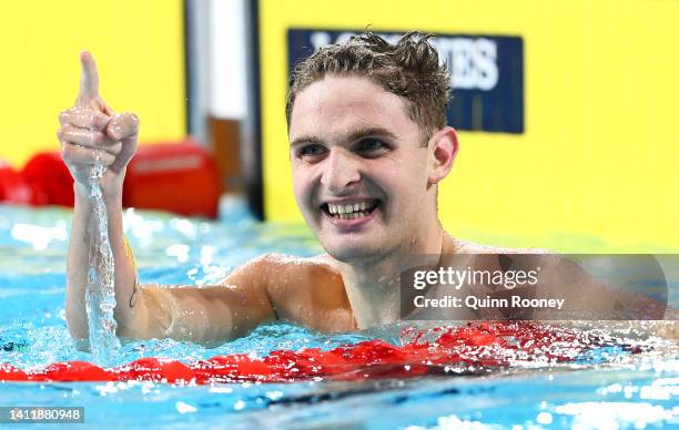 Lewis Clareburt of Team New Zealand celebrates winning gold in the Men's 400m Individual Medley Final on day two of the Birmingham 2022 Commonwealth...