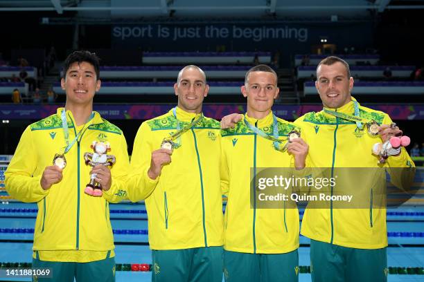 Gold medalists, Flynn Southam, Zac Incerti, William Xu Yang and Kyle Chalmers of Team Australia pose with their medals during the medal ceremony for...