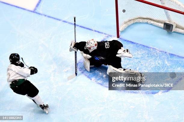 Connor LaCouvee of Team LeClair makes a save against Peter Lenes of Team Fuhr during 3ICE Week Seven at Videotron Centre on July 30, 2022 in Quebec...