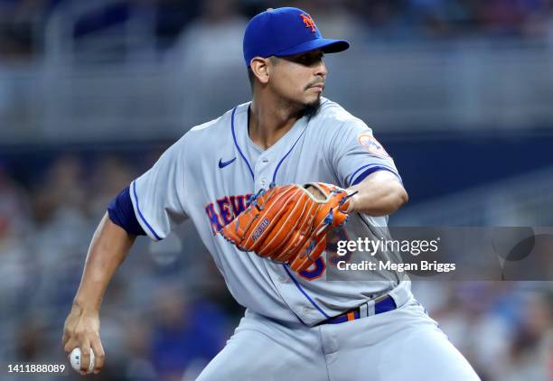 Carlos Carrasco of the New York Mets delivers a pitch during the first inning against the Miami Marlins at loanDepot park on July 30, 2022 in Miami,...