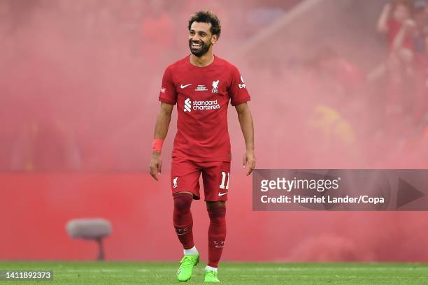 Mohamed Salah of Liverpool reacts during the FA Community Shield between Manchester City and Liverpool at The King Power Stadium on July 30, 2022 in...