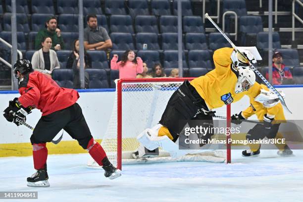 Jacob Theut of Team Mullen falls to the ice after colliding with Aaron Palushaj of Team Carbonneau in the final during 3ICE Week Seven at Videotron...