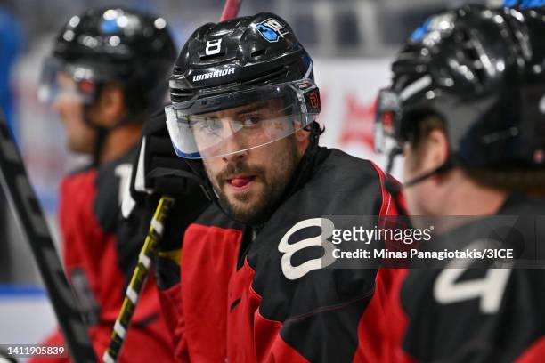 Aaron Palushaj of Team Carbonneau looks on from the bench in the final against Team Mullen during 3ICE Week Seven at Videotron Centre on July 30,...