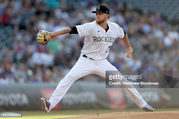 Starting pitcher Kyle Freeland of the Colorado Rockies throws against the Los Angeles Dodgers in the first inning at Coors Field on July 30, 2022 in...
