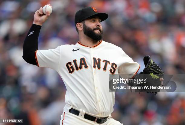 Jakob Junis of the San Francisco Giants pitches against the Chicago Cubs in the top of the first inning at Oracle Park on July 30, 2022 in San...