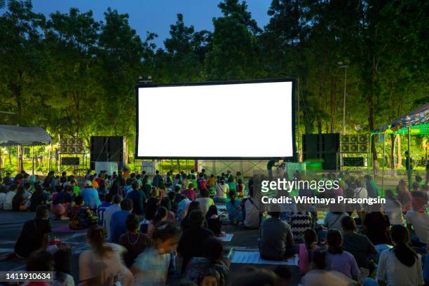 spectators at open-air cinema summer night - フィルム ストックフォトと画像