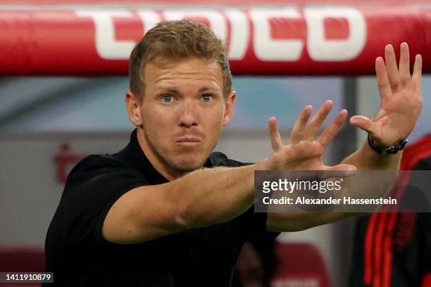 Julian Nagelsmann, head coach of FC Bayern München reacts during the Supercup 2022 match between RB Leipzig and FC Bayern München at Red Bull Arena...