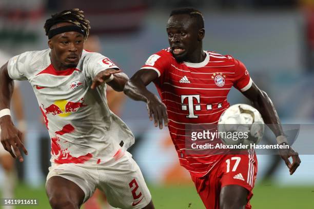 Sadio Mane of FC Bayern München battles for the ball with Mohamed Simakan of Leipzig during the Supercup 2022 match between RB Leipzig and FC Bayern...
