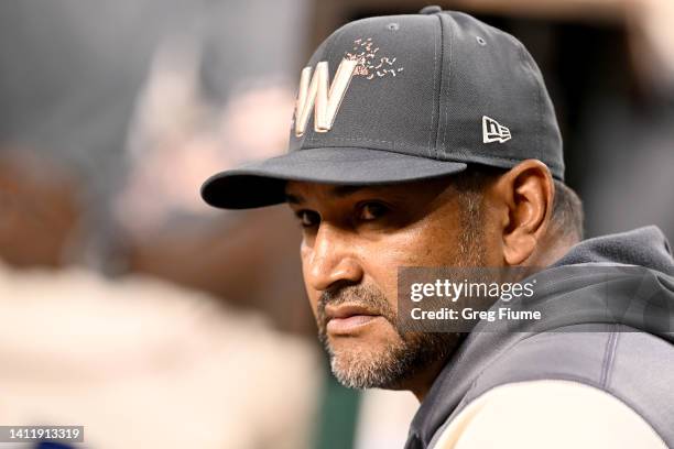 Manager Dave Martinez of the Washington Nationals watches the game in the seventh inning against the St. Louis Cardinals at Nationals Park on July...