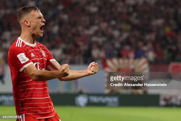 Joshua Kimmich of Bayern München celebrates their side's fifth goal during the Supercup 2022 match between RB Leipzig and FC Bayern München at Red...