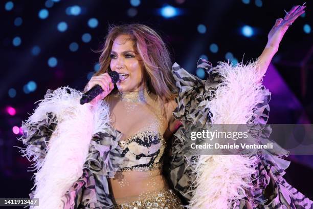 Jennifer Lopez performs on stage during the LuisaViaRoma for Unicef event at La Certosa di San Giacomo on July 30th in Capri, Italy.